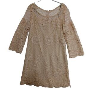 Muse Beige Floral Lace Shift Dress Womens Size 8 3/4 Bell Sleeve Scalloped Hem